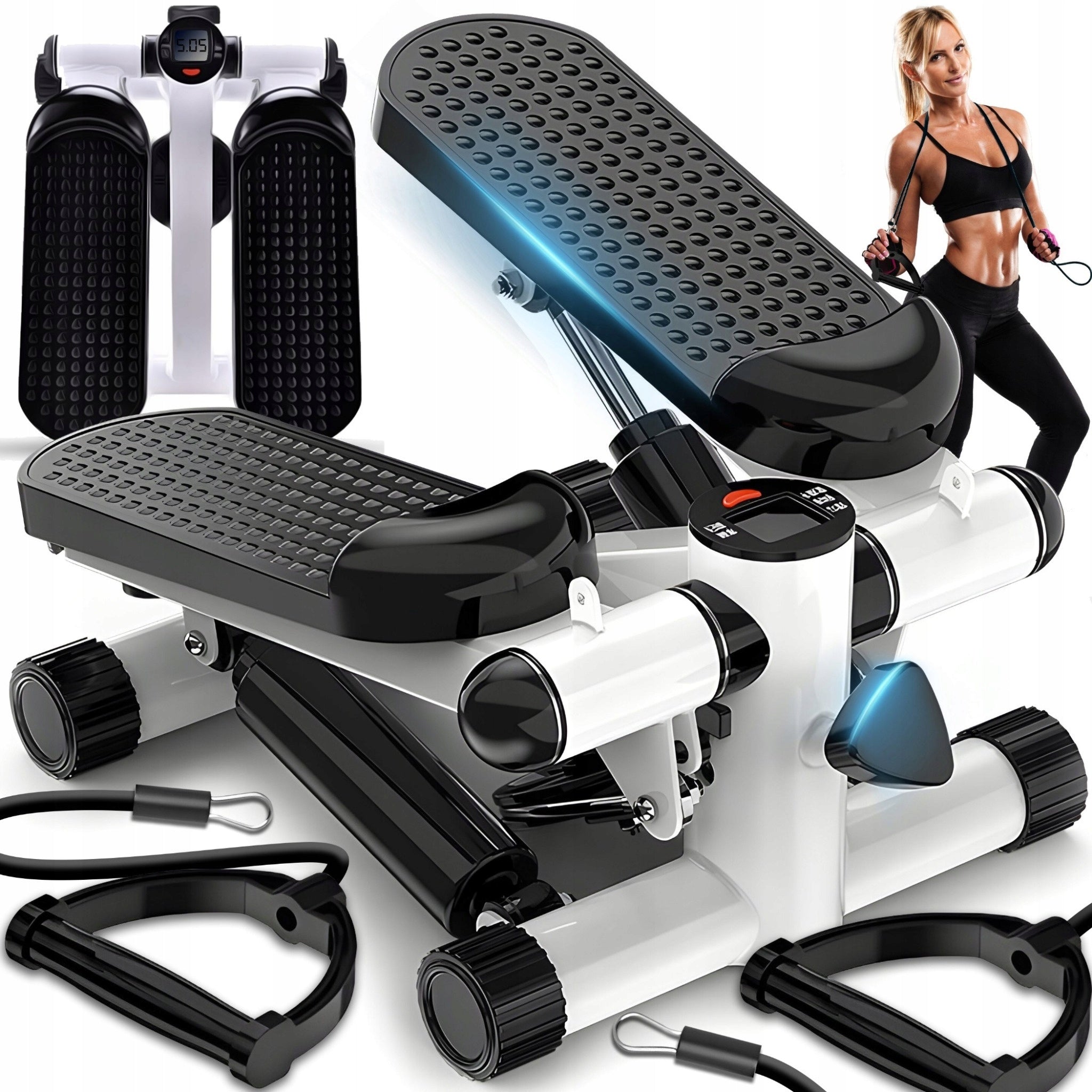 Reguliuojamas treniruočių steperis su pasipriešinimo gumomis ir LCD ekranu – StepFit Pro X