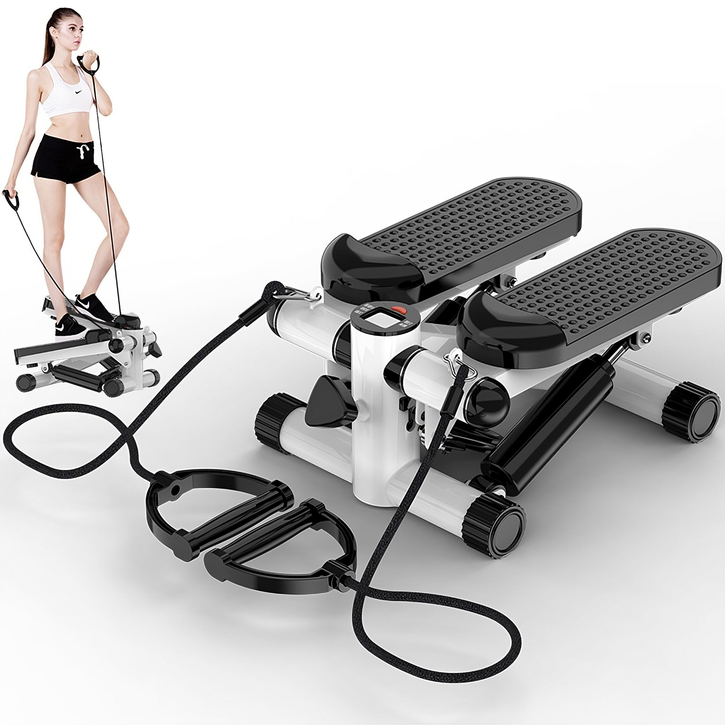 Reguliuojamas treniruočių steperis su pasipriešinimo gumomis ir LCD ekranu – StepFit Pro X